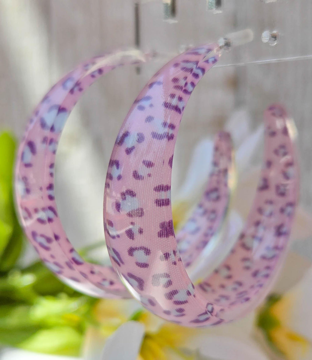 Translucent Pink Acetate Leopard Print Hoop Earrings 2" Stylish Statement Chic Hoops Animal Print Earrings