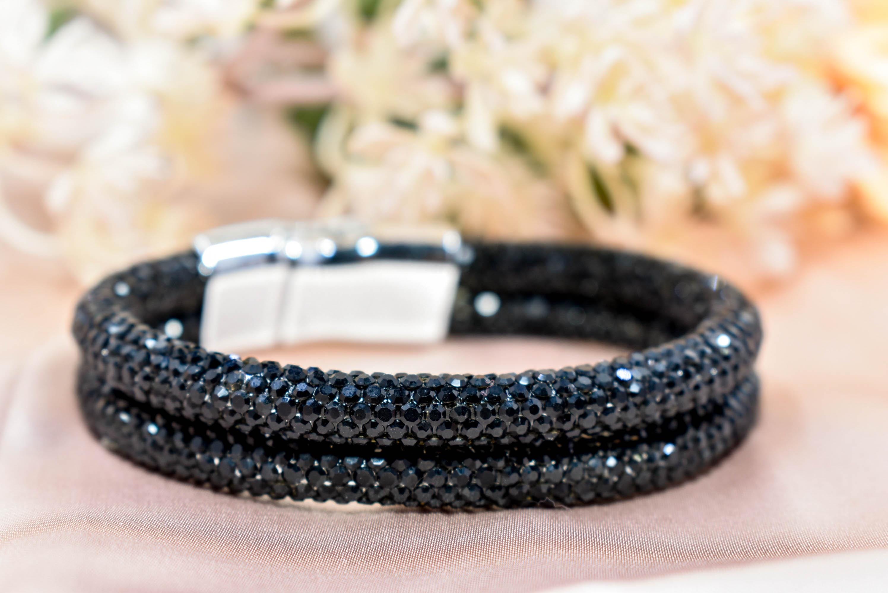 Black Color Pave Rhinestones Flexible Cuff Bangle Magnetic Bracelet Statement Bling Fashion Pageant Night Out Wedding