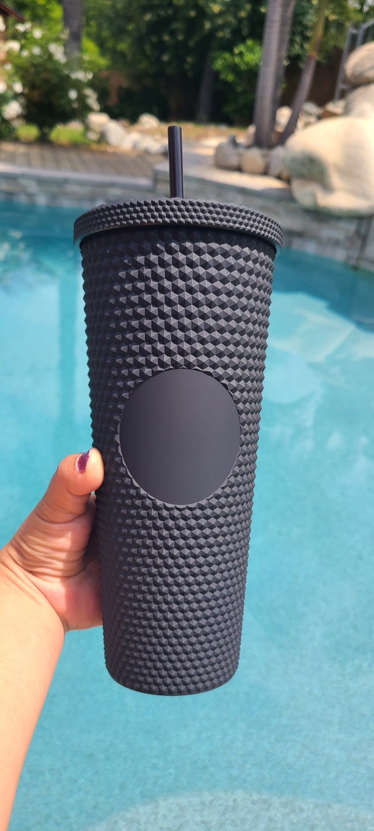 24oz Black Matte Studded Soft Texture To Go Travel Tumbler Cup Blank Center Circle with Lid and Matching Straw
