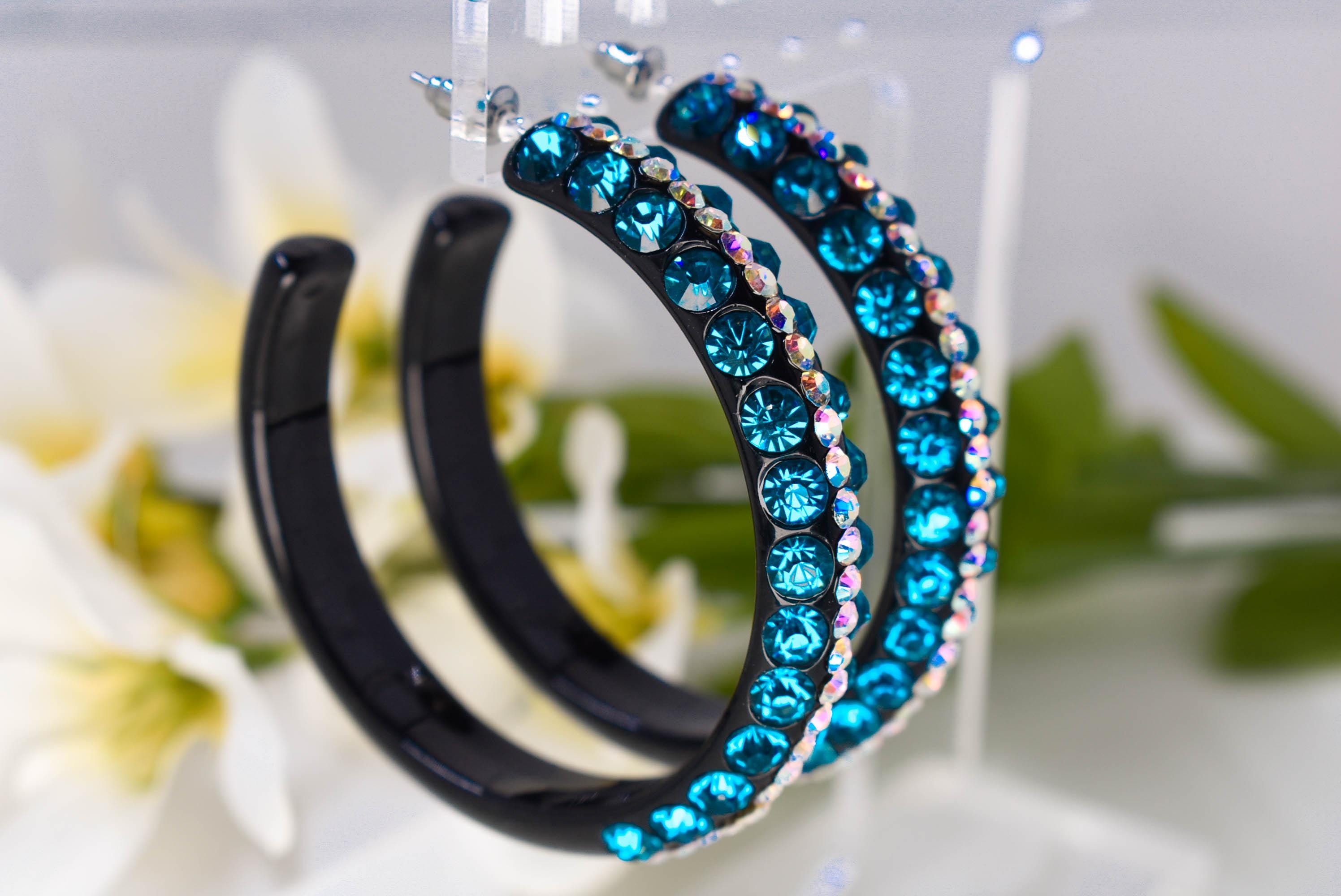 Three Row Black Statement Acrylic Lucite AB/Teal Rhinestones 2.5" Women's Hoop Earrings Pageant Weddings Night Out