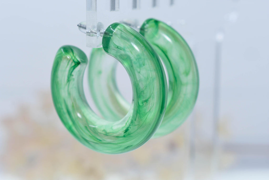 Translucent Green Marbled Color Boho Retro Lightweight Lucite 1.5" Semi Chunky Hoop Earrings