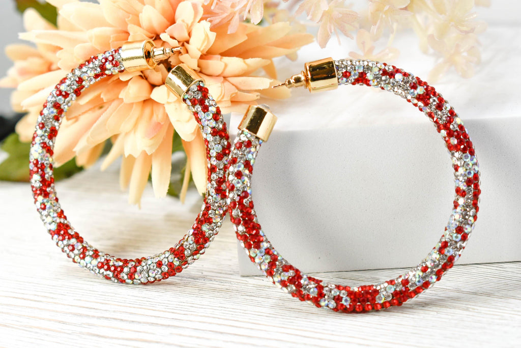 2.5" Ladies Bohemian Multi Tone Red  Clear Rhinestone Sparkle Wrap Pave Open Hoop Earrings Stone Accent Women Party Night Out Bling