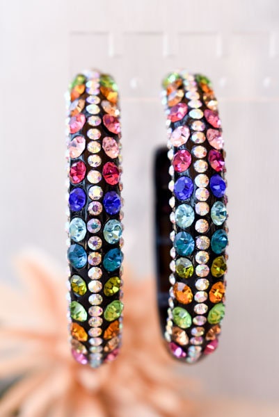 Black 5 Row Bling Statement Acrylic Lucite Multicolor Rhinestones 2.5" Women's Hoop Earrings Pageant Weddings Night Out Diva Pageant
