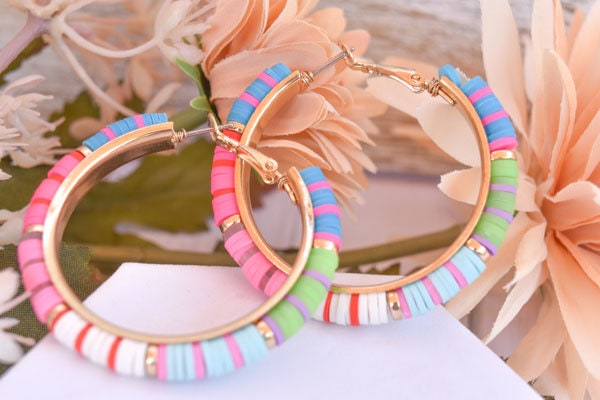 Boho Chic Statement Bright Multicolor Polymer Dark Discs Gold Tone Lever Back Hoop Earrings Women Gifts