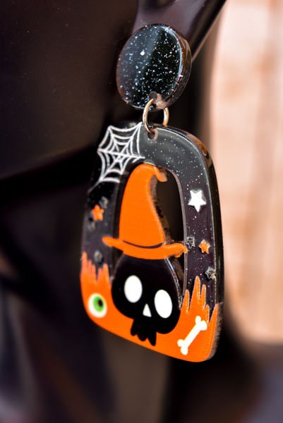 Abstract Shape Halloween Cute Skull Witch Hat Glitter Acrylic Holiday Women Girls Dangle Earrings Emo Goth Steampunk