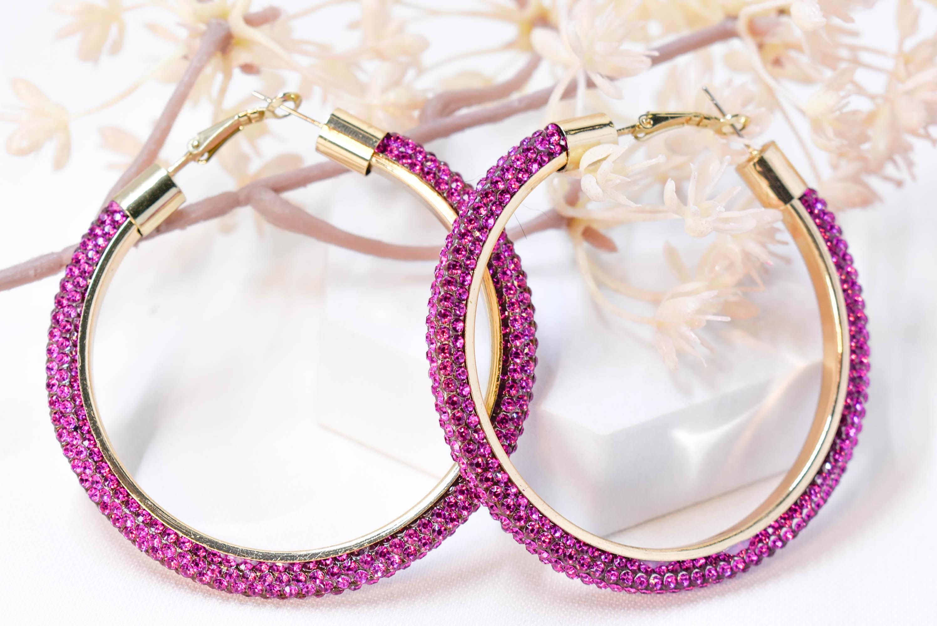 2.5" Large Fuschia Pink Bling Diva Pave Resin Set Rhinestone Hoop Earrings Women Party Night Out