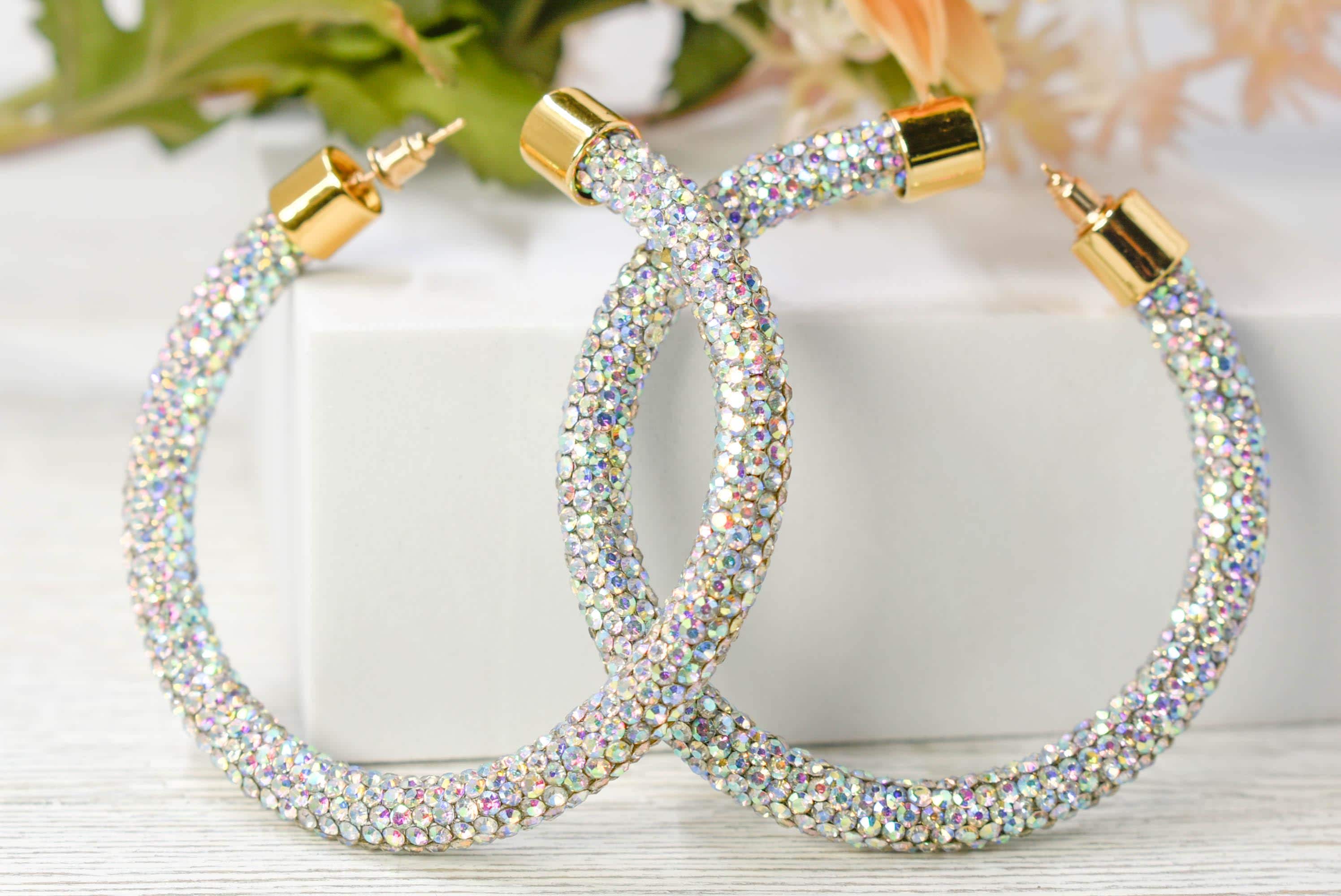 2.5" Ladies Bohemian Clear Iridescent Rhinestone Sparkle Wrap Pave Open Hoop Earrings Stone Accent Women Party Night Out