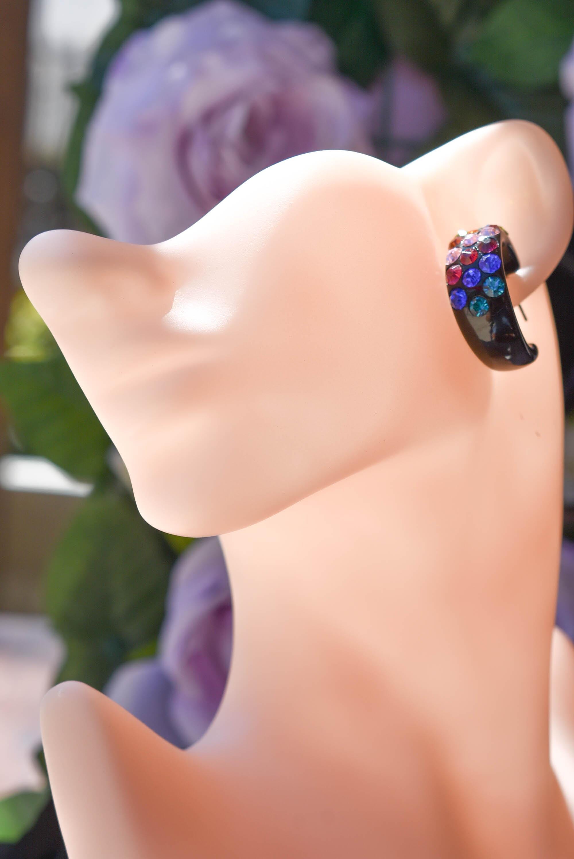 Black Bling Statement Semi Wide Multicolor Diagonal Rhinestones 1" Women's Hoop Earrings Pageant Weddings Night Out Diva Pageant