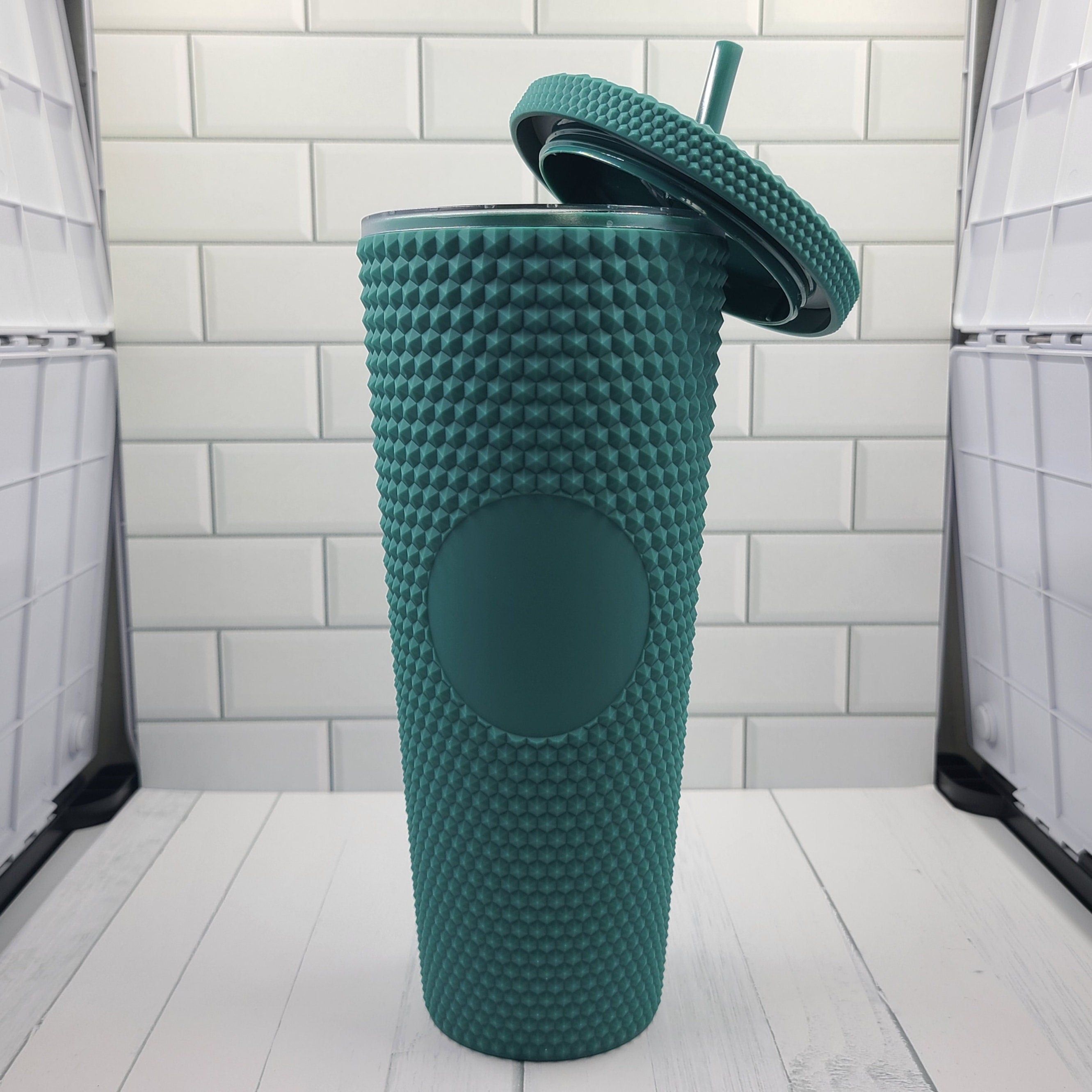 24oz Green Matte Studded Soft Texture To Go Travel Tumbler Cup Blank Center Circle with Lid and Matching Straw