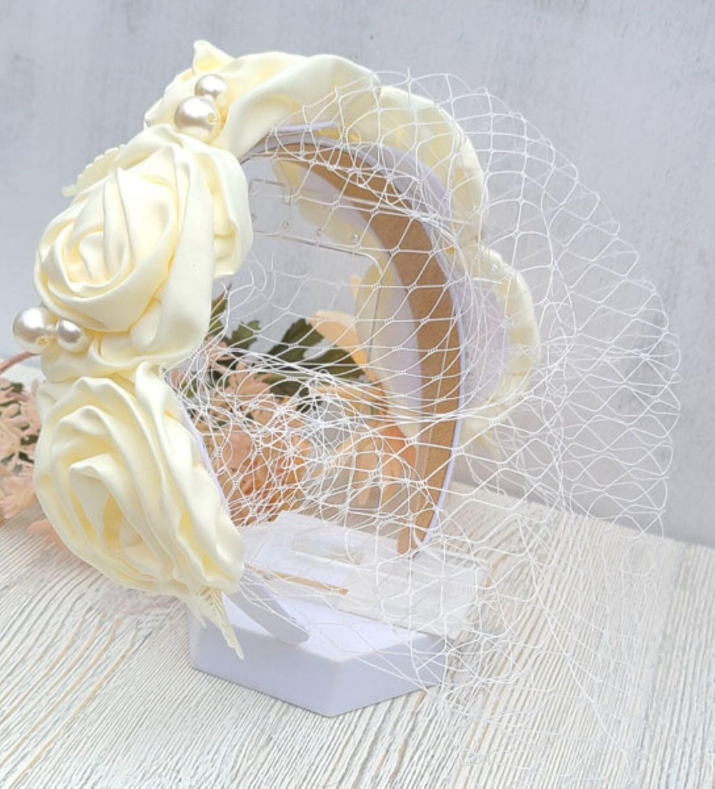Ivory Satin Rose Bridal Headband: Wedding Veil Fascinator