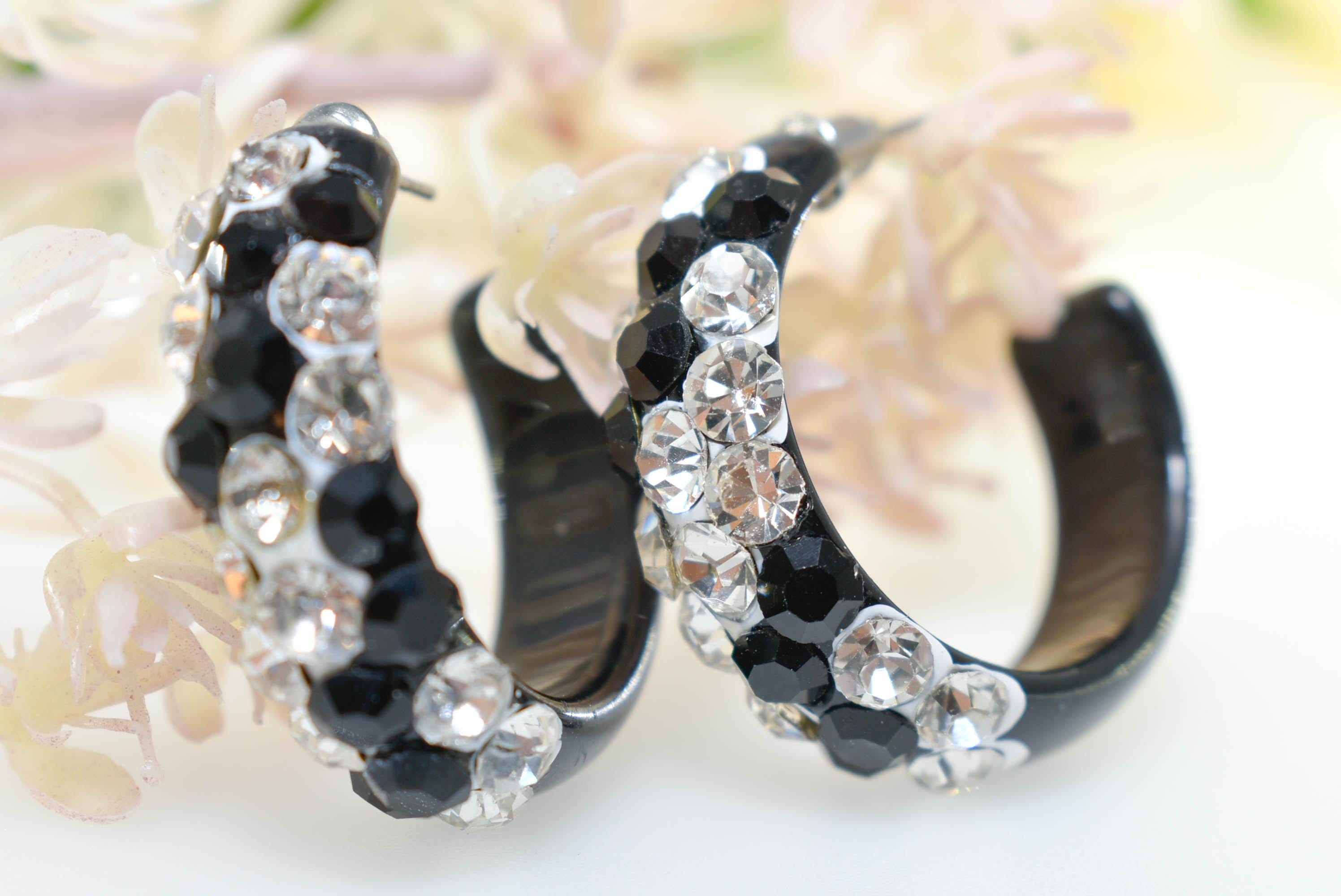 Black Bling Statement Acrylic Lucite Clear/Black Rhinestones 1.25" Women's Hoop Earrings with White Paint Accent Pageant Weddings Night Out