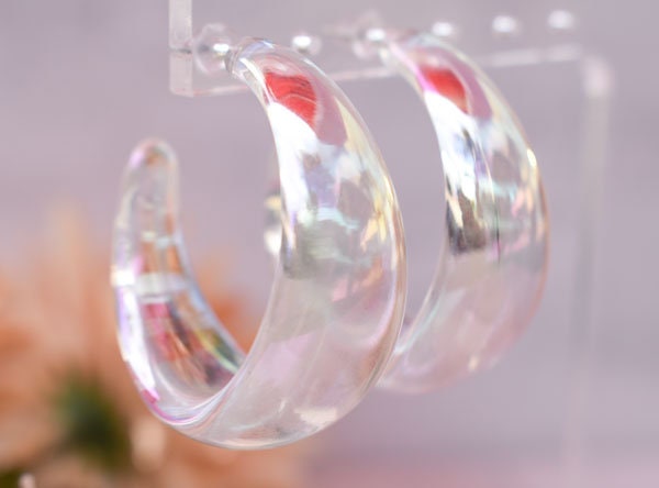 Translucent Iridescent Film Coating Clear Boho Women's Semi Wide Hoop Earrings