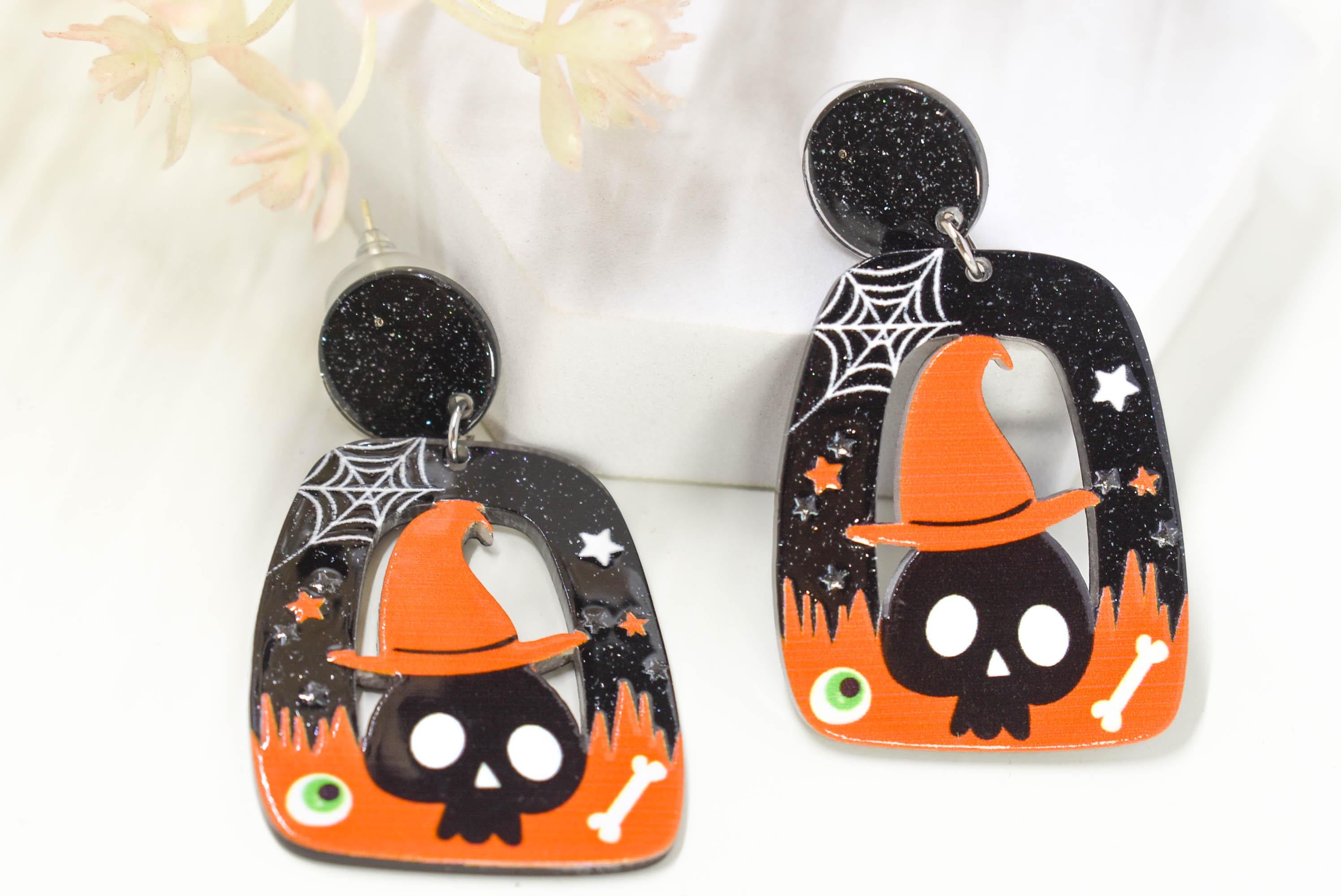 Abstract Shape Halloween Cute Skull Witch Hat Glitter Acrylic Holiday Women Girls Dangle Earrings Emo Goth Steampunk
