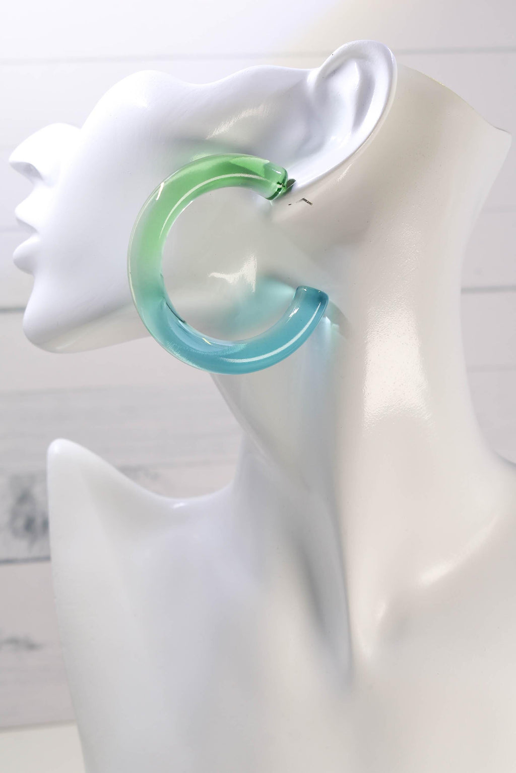 Statement Gradient Light Green to Light Blue Chunky Lucite Translucent Ombre Boho Hoop Earrings