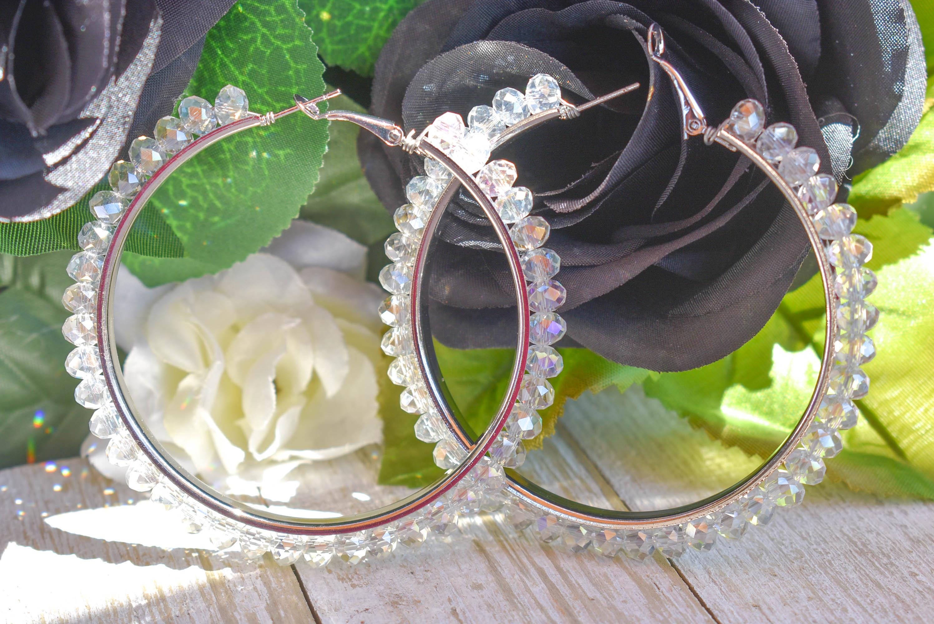 Statement Boho Clear Crystal Glass Beads 2.75" Silver Tone Hoop Earrings Stylish Jewelry Women's Fashion Diva Accessories Pageants