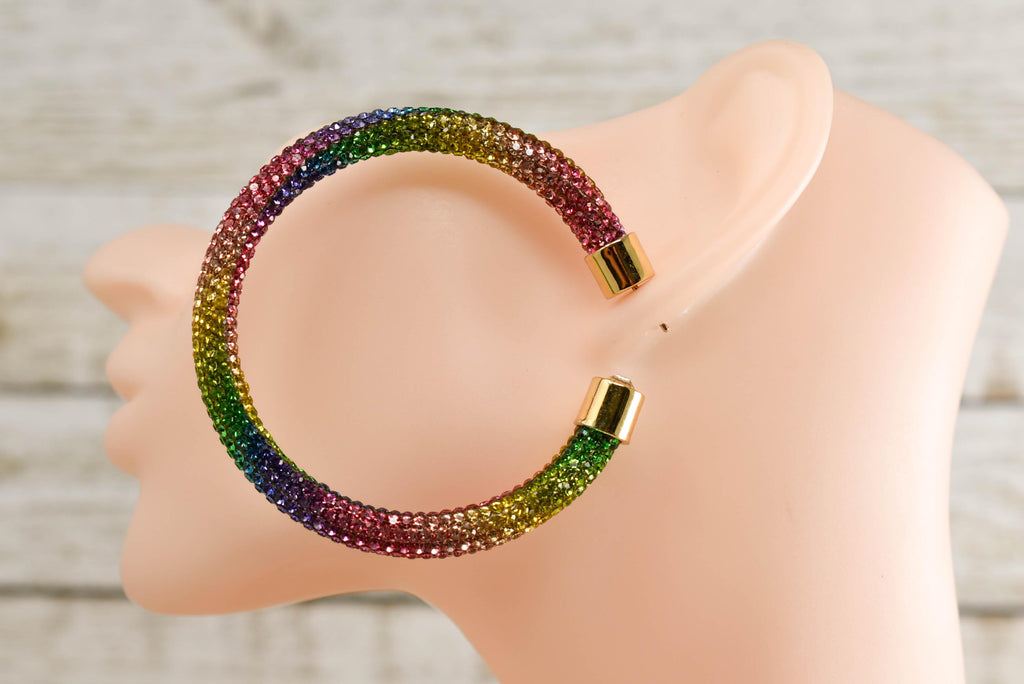 2.5" Ladies Bohemian Multicolor Rainbow Rhinestone Sparkle Wrap Pave Open Hoop Earrings Stone Accent Women Party Night Out