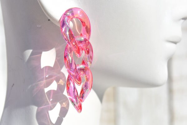 Statement Boho Translucent Pink Iridescent Coating Lucite Chain Link Drop Dangle Earrings Bachelorette Girls Night