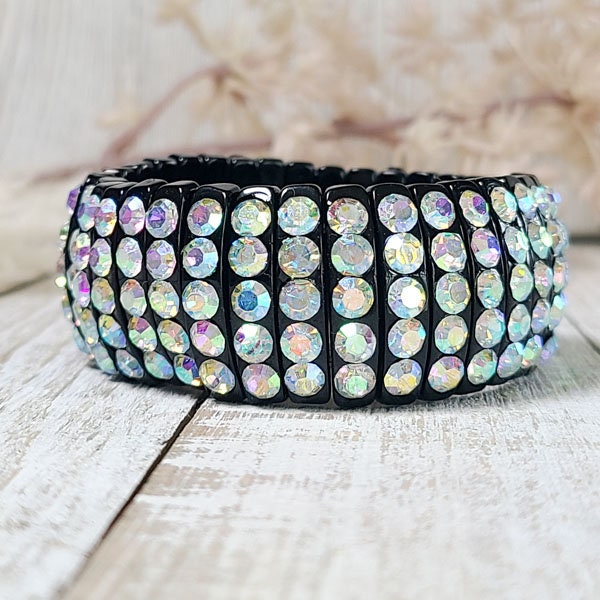 Black Stretch Segmented Bracelet with Iridescent (AB) Rhinestones Women's Fashion Statement Jewelry Pageant Night Out