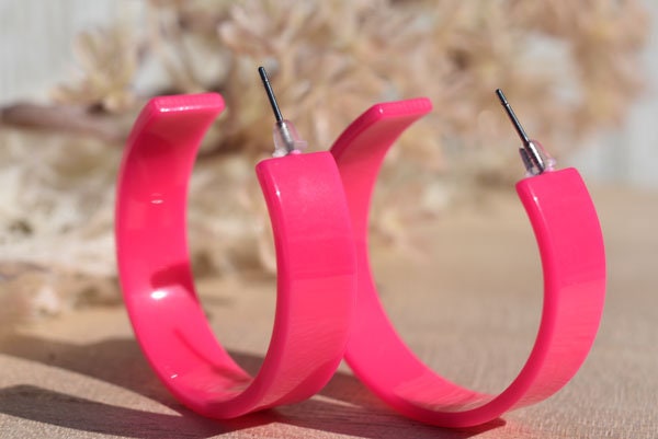 80's Retro Bright Neon Pink Chandler Hoop Earrings Women Girls Costume Statement Festival Party Girls Night