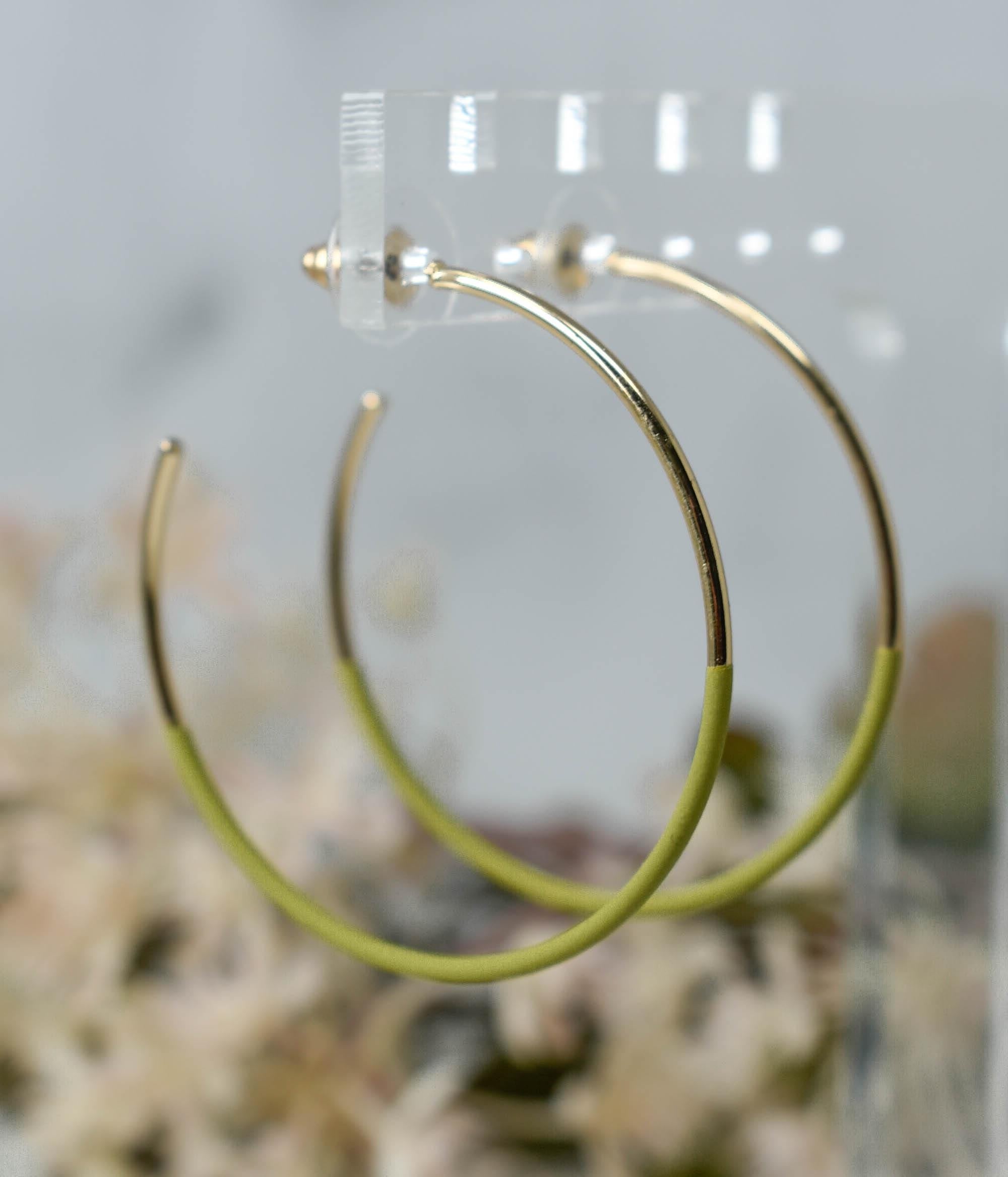 Bohemian Lightweight 1.75" Gold Tone Hoop Earrings Featuring Part Olive Green Matte Coating Midway Summer Fashion Classic Earrings