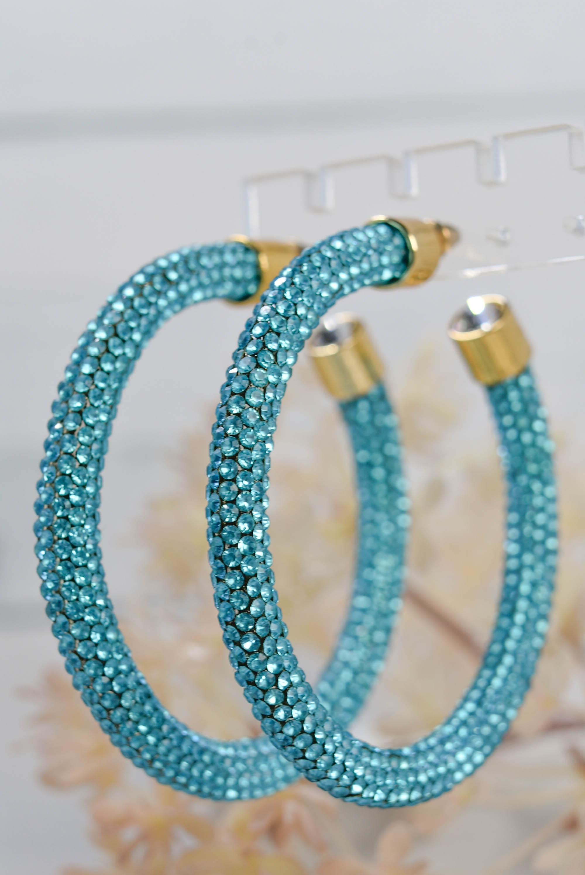 2.5" Ladies Bohemian Blue  Rhinestone Sparkle Wrap Pave Open Hoop Earrings Stone Accent Women Party Night Out