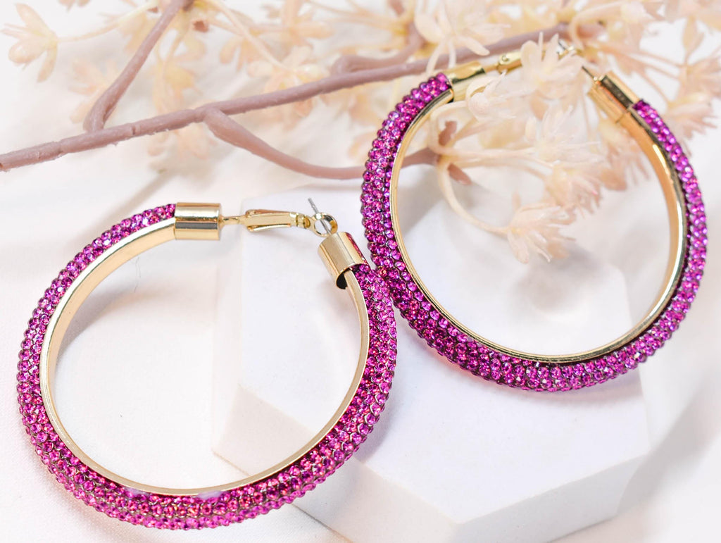 2.5" Large Fuschia Pink Bling Diva Pave Resin Set Rhinestone Hoop Earrings Women Party Night Out