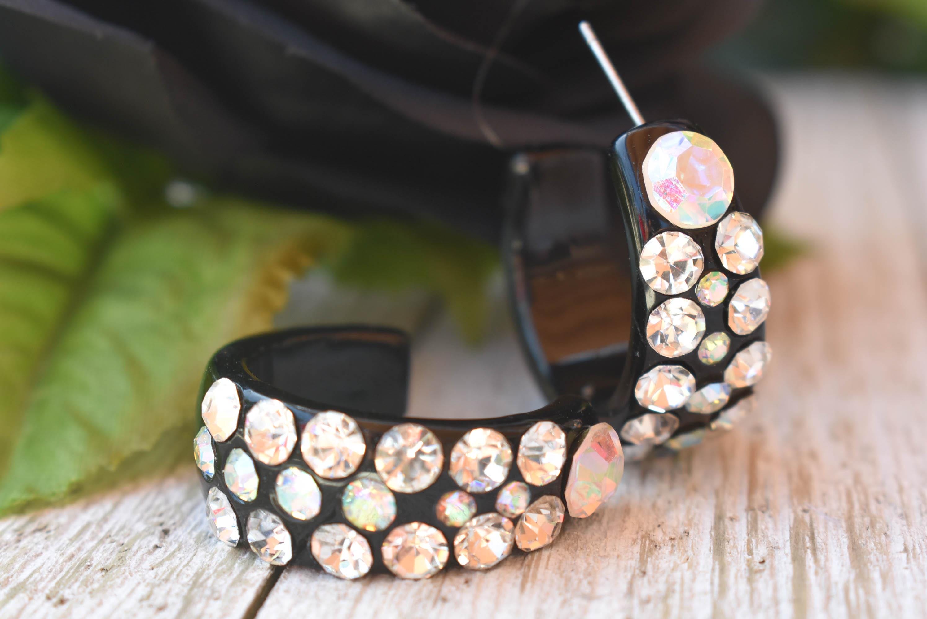 Black Bling Statement Semi Wide Clear/AB Rhinestones 1" Women's Hoop Earrings Pageant Weddings Night Out Diva Pageant