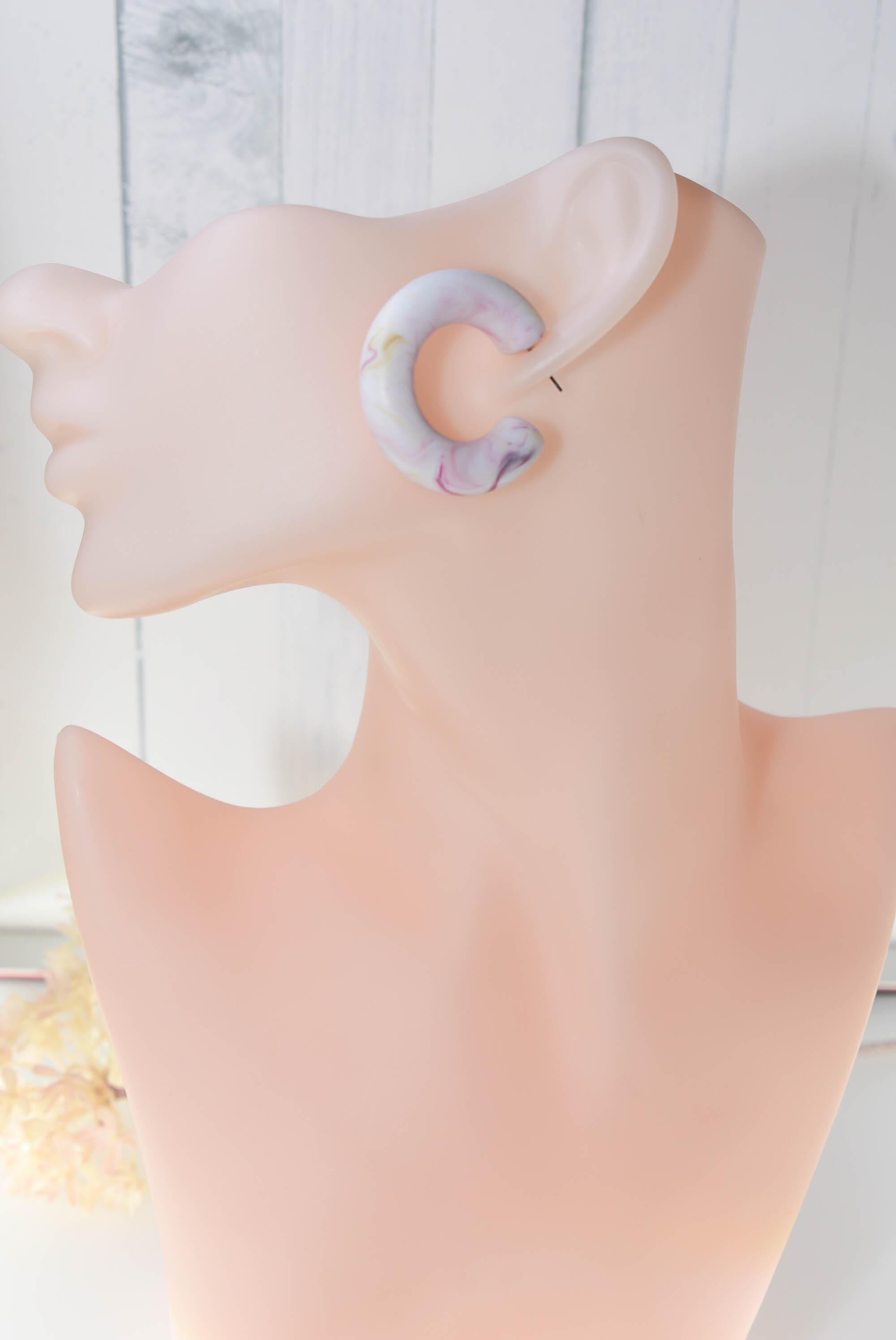 White Marbled Color Bohemian Retro Lightweight Lucite 1.5" Semi Chunky Hoop Earrings Womans Gift Dress Night Out