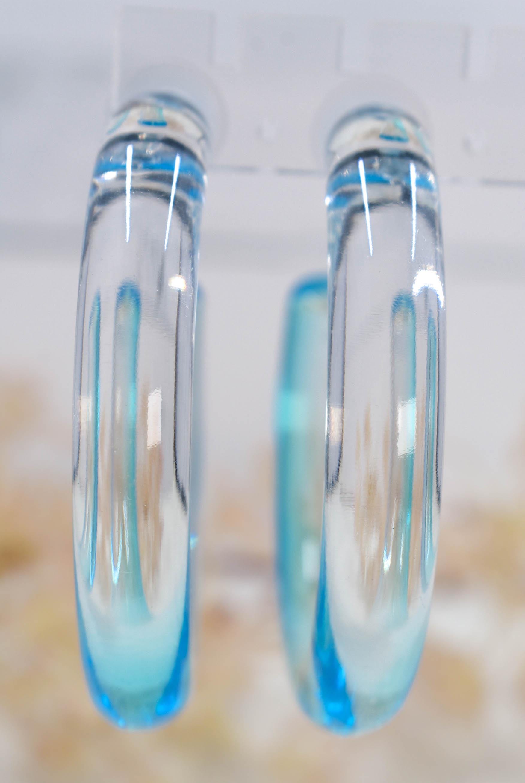 Translucent Gradient Clear & Light Blue Retro Boho Statement Chunky Lucite Ombre Hoop Earrings Fun Earrings Costume Accessories Womens Hoops
