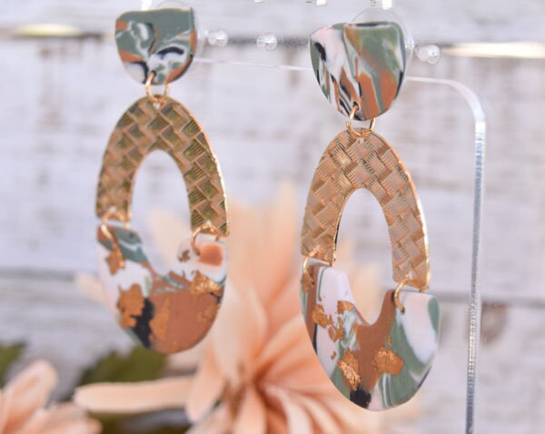 Boho Fashion Statement Handmade Camouflage Polymer Clay Gold Flakes "Alma Army" Dangle Drop Earrings Gifts Women