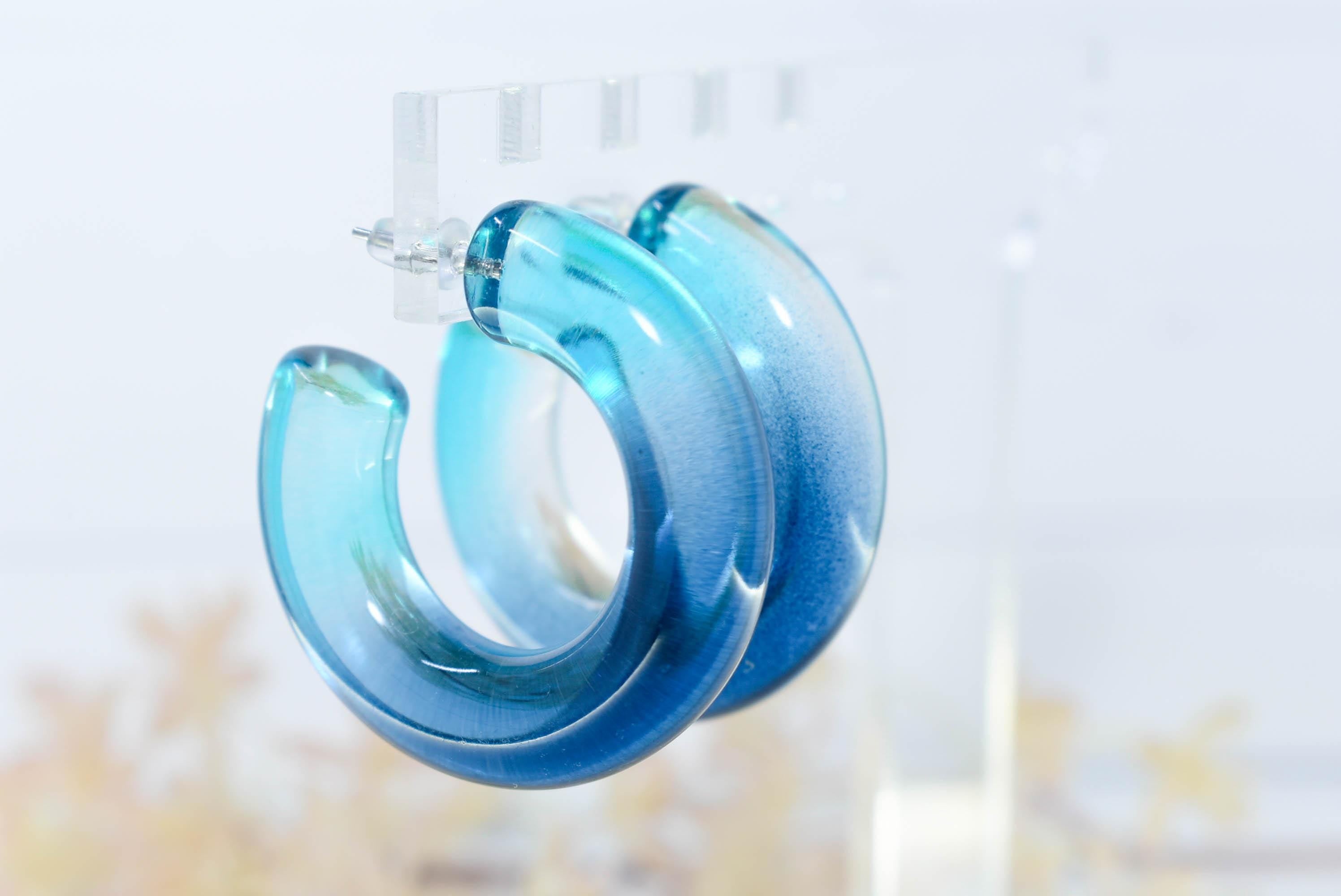 Translucent Gradient Blue Aqua Retro Boho Semi Chunky Lucite Ombre Jelly 1.5" Hoop Earrings