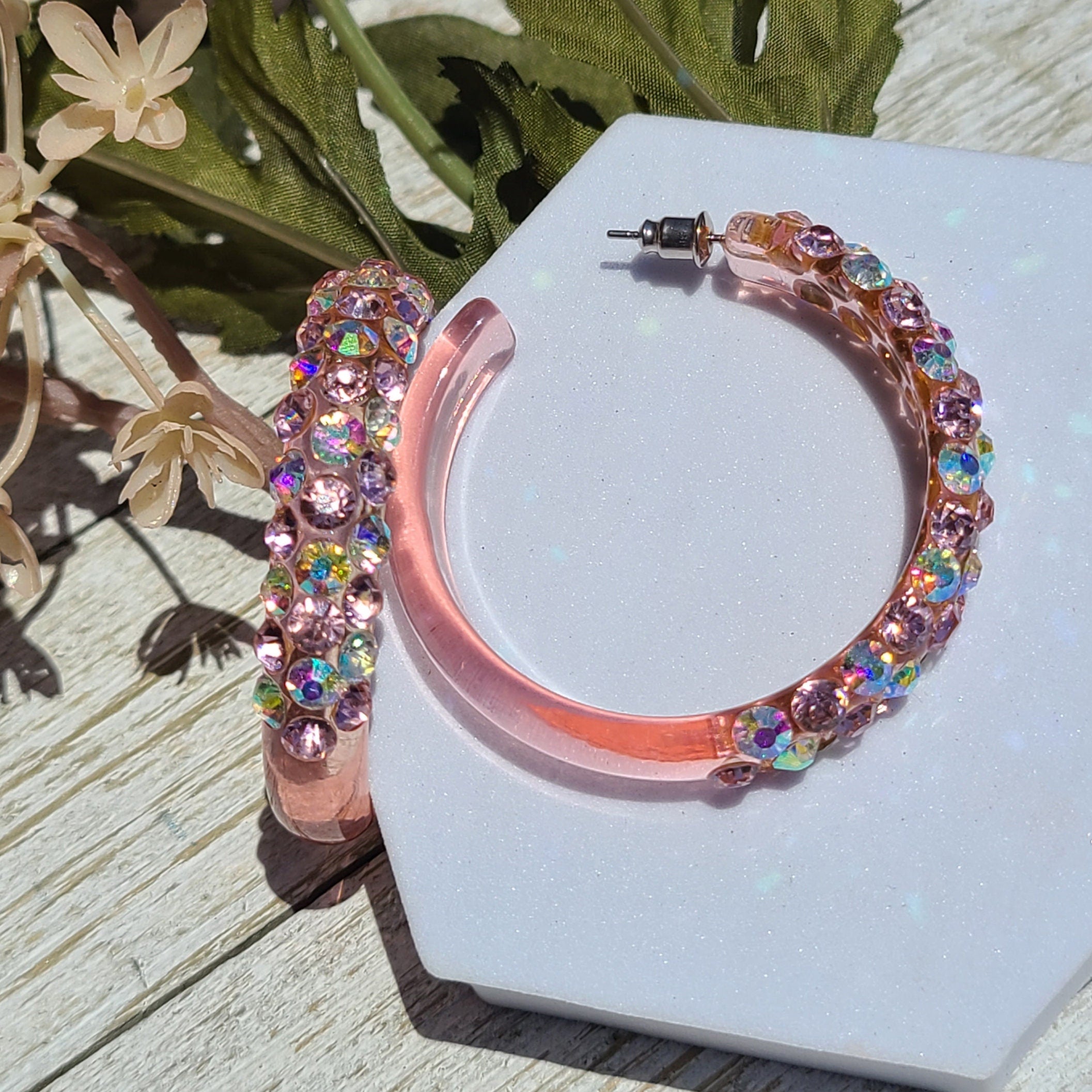 Translucent Pink Bling Statement Acrylic Lucite Clear Pink/AB Rhinestones 2" Women's Hoop Earrings Pageant Weddings Night Out