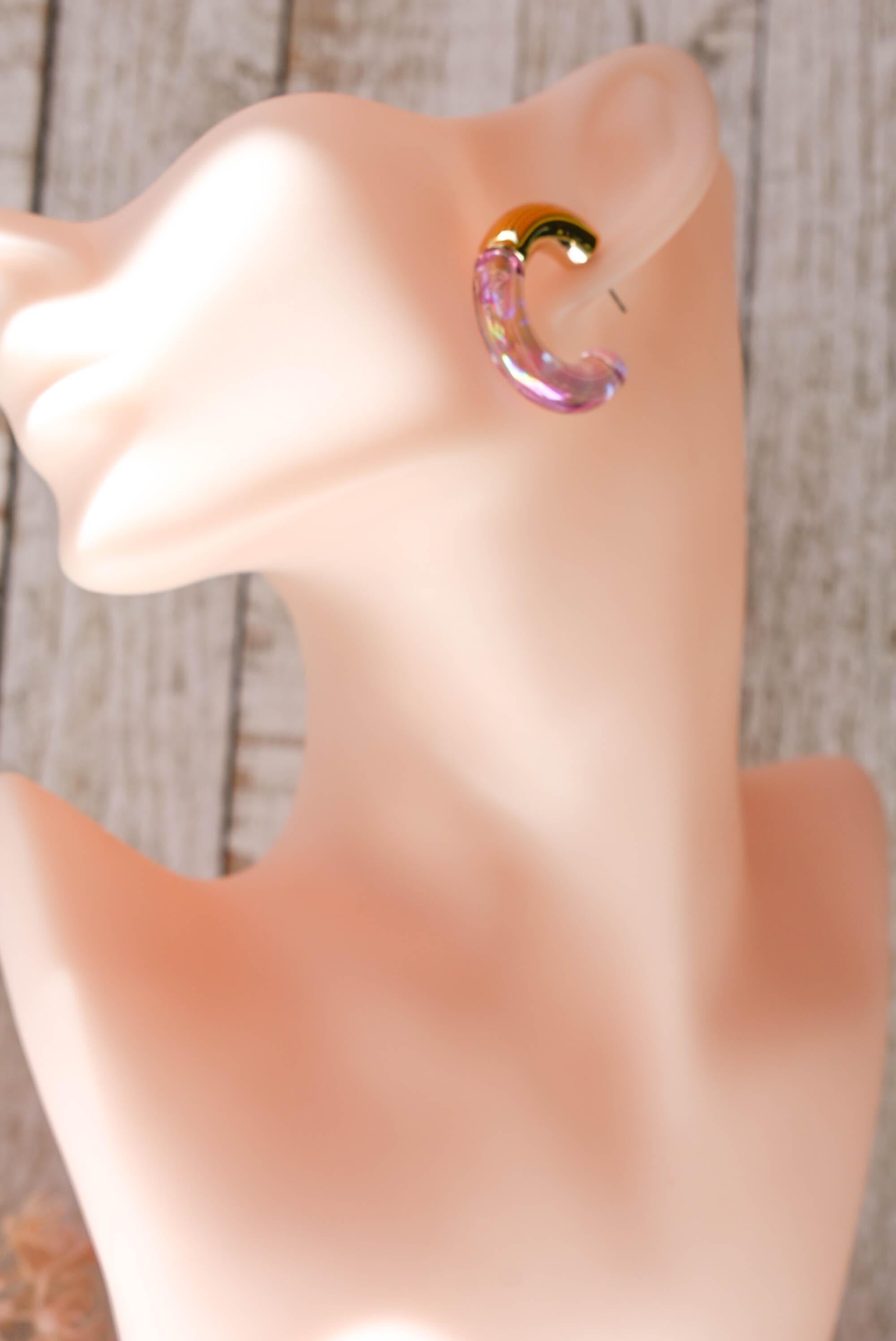 Two Toned Retro Gold Color/Iridescent Light Purple Translucent Lucite 1.5" Hoop Earrings