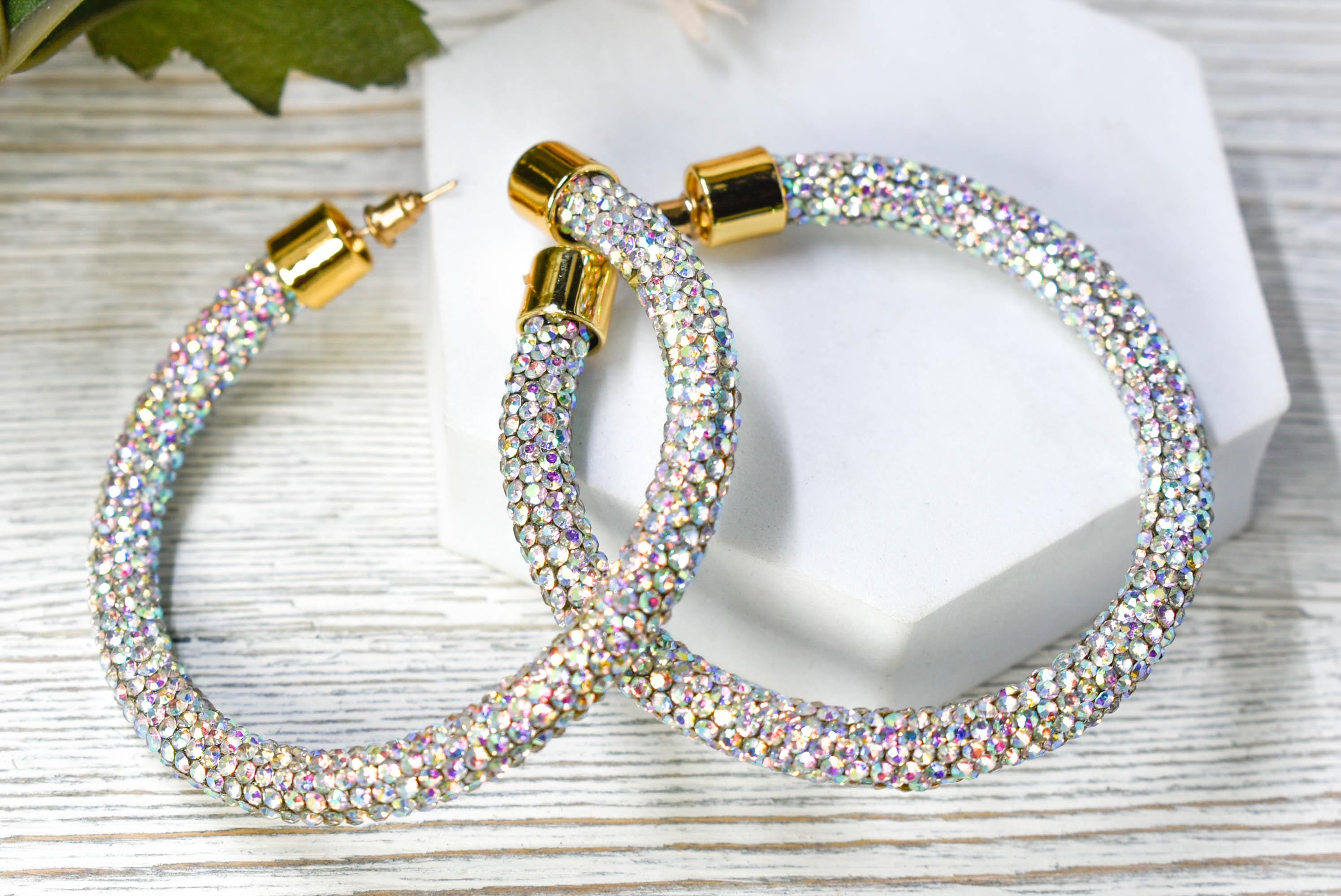 2.5" Ladies Bohemian Clear Iridescent Rhinestone Sparkle Wrap Pave Open Hoop Earrings Stone Accent Women Party Night Out