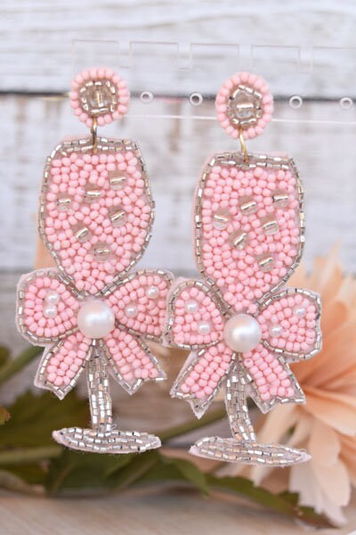 Bachelorette Bridal Shower Statement Pink Seed Bead Bow Accent Champagne Flute Glass Dangle Drop Earrings Women Weddings Bride