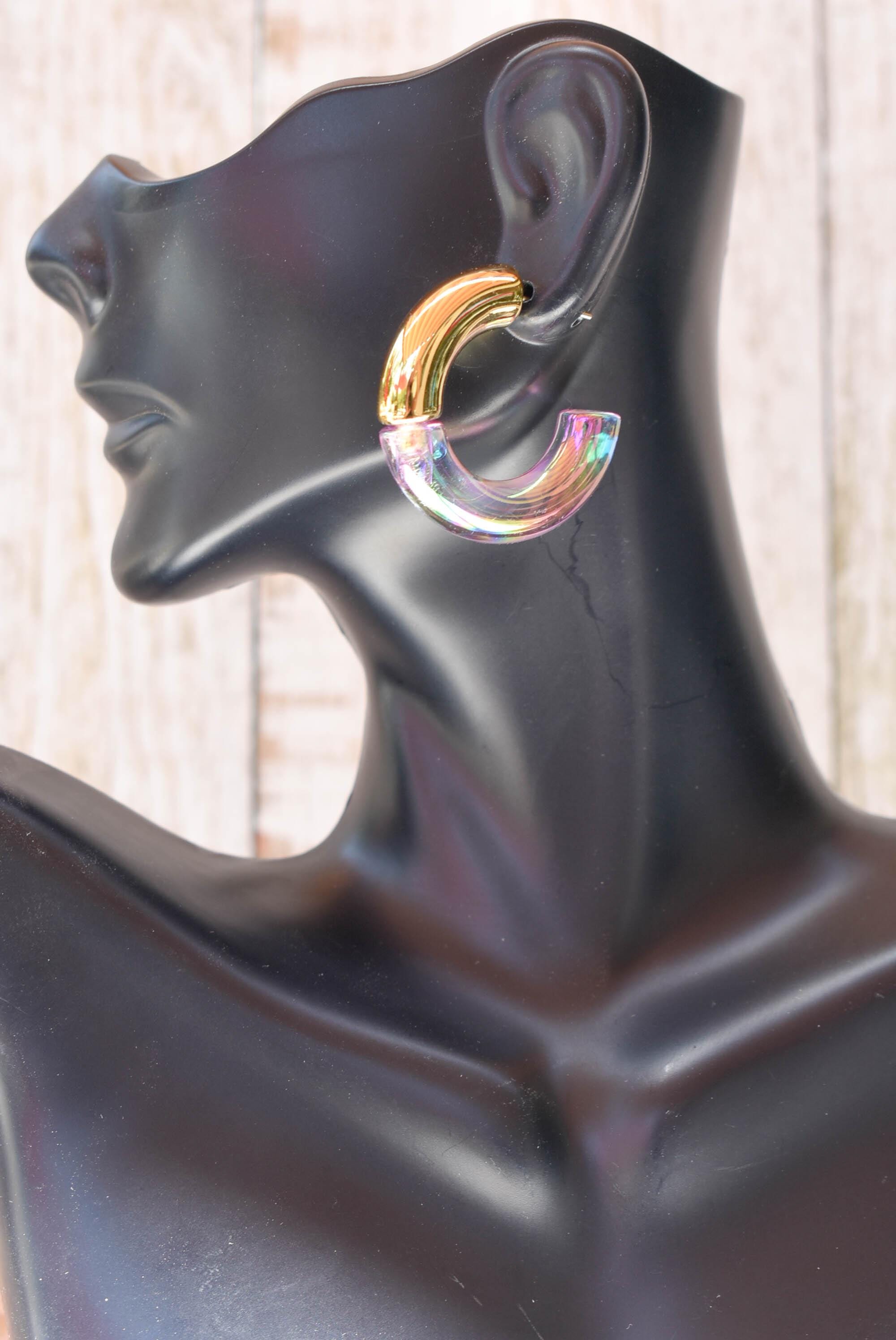 Two Toned Retro Gold Color/Iridescent Light Purple Translucent Lucite 1.5" Hoop Earrings