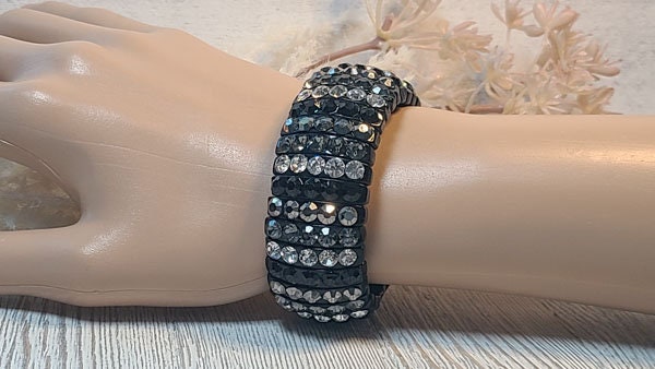 Black Stretch Segmented Bracelet with Smoke Gray, Hematite, Black and Clear Rhinestones Women's Fashion Statement Jewelry Pageant Night Out