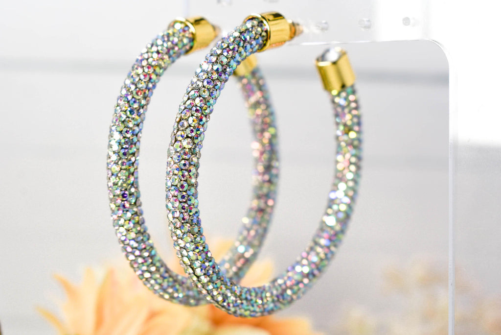 2.5" Ladies Bohemian Clear Iridescent Rhinestone Sparkle Wrap Pave Open Hoop Earrings Stone Accent Women Party Night Out