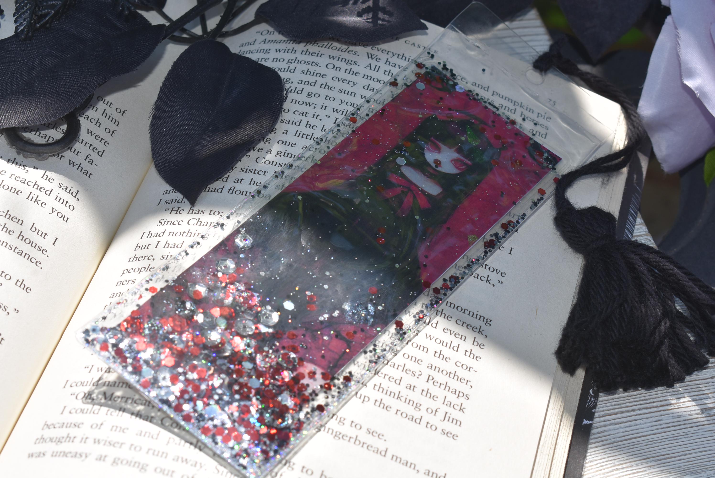 Double Side Print Gothic Girl Glitter & Sequin Shaker Bookmark Book Lovers Stocking Stuffer Gifts Kids Halloween Dark Mood