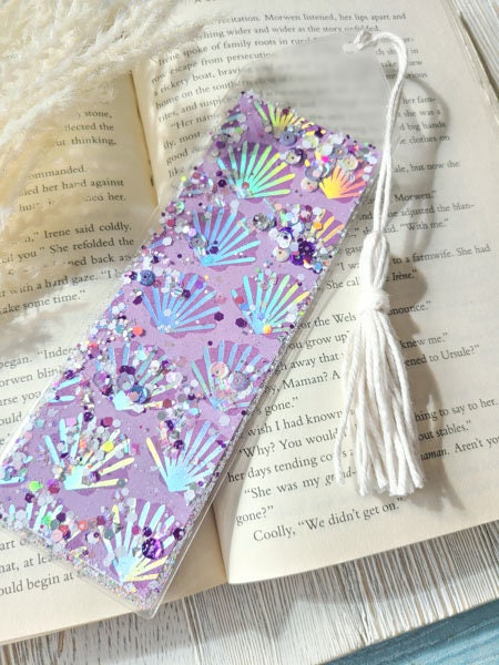 Sea Shell Print Mermaid Sea Theme Glow In The Dark Glitter & Sequin Shaker Bookmark Book Lovers Stocking Stuffer Gifts Kids