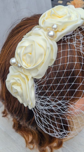 Ivory Satin Rose Bridal Headband: Wedding Veil Fascinator