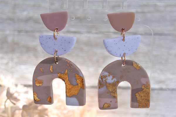 Boho Fashion Statement Handmade Polymer Clay "Bonnie Coffee" Dangle Drop Earrings Gifts Women Gold Flakes