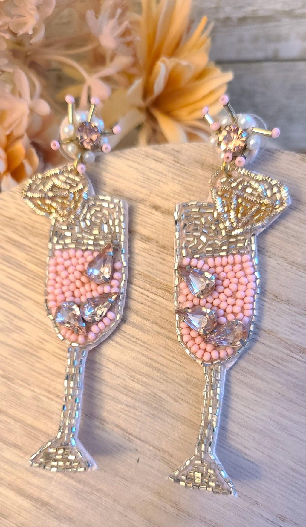 Bachelorette Bridal Shower Statement Pink Seed Bead Rhinestone Accent Champagne Flute Glass Dangle Drop Earrings Women Weddings Bride