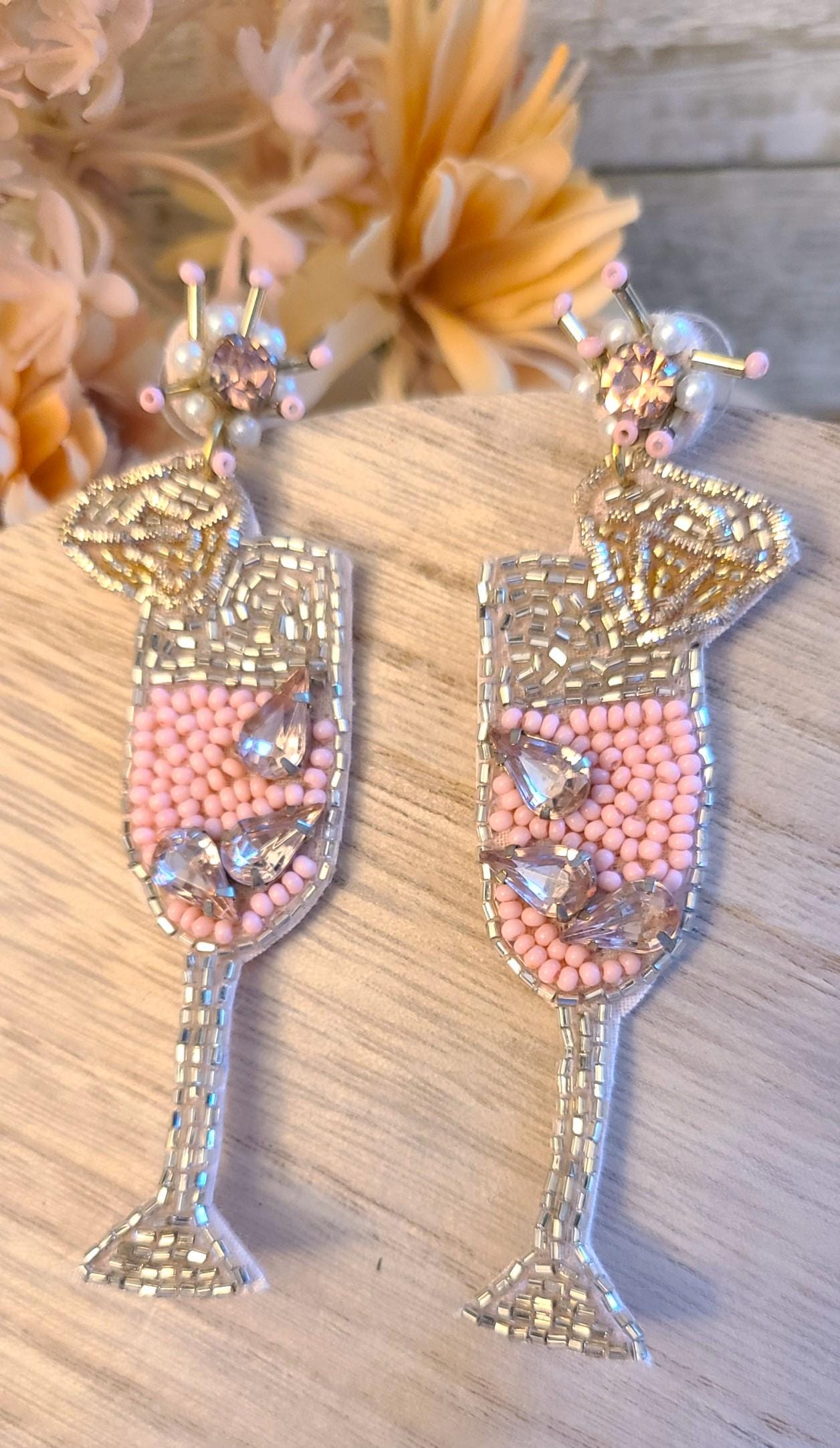 Bachelorette Bridal Shower Statement Pink Seed Bead Rhinestone Accent Champagne Flute Glass Dangle Drop Earrings Women Weddings Bride