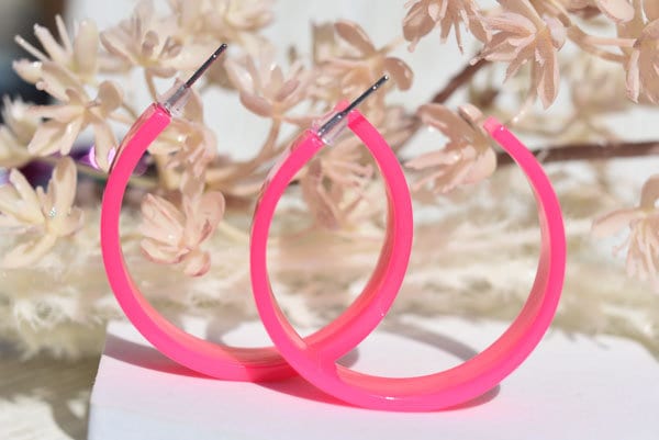 80's Retro Bright Neon Pink Chandler Hoop Earrings Women Girls Costume Statement Festival Party Girls Night