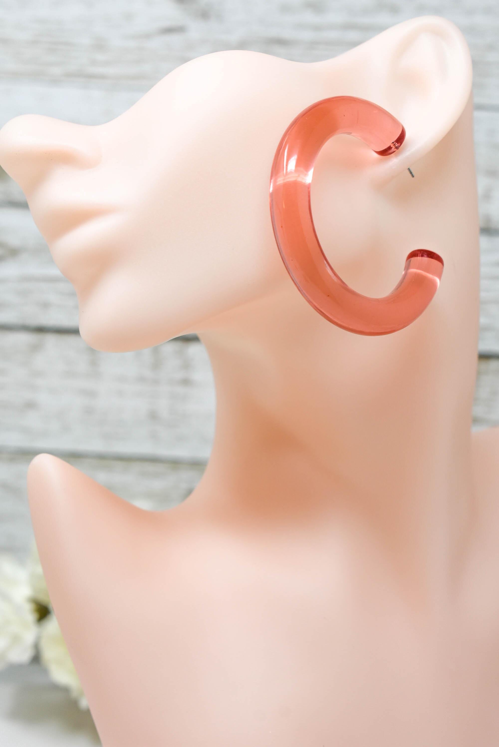Translucent Clear Pink Peach Retro Chunky Lucite Hoop Earrings