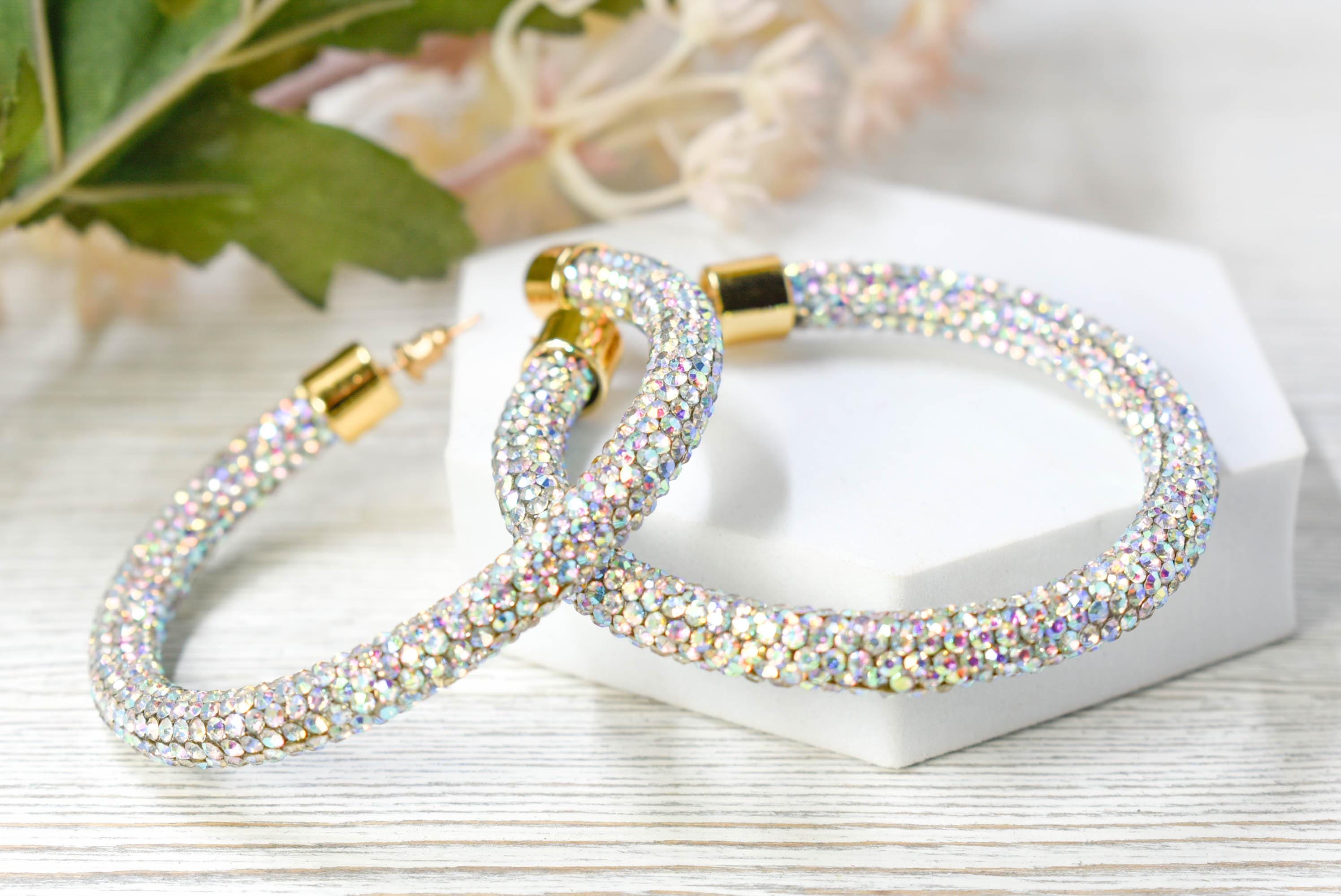 2.5" Ladies Bohemian Clear Iridescent Rhinestone Sparkle Wrap Pave Open Hoop Earrings Stone Accent Women Party Night Out