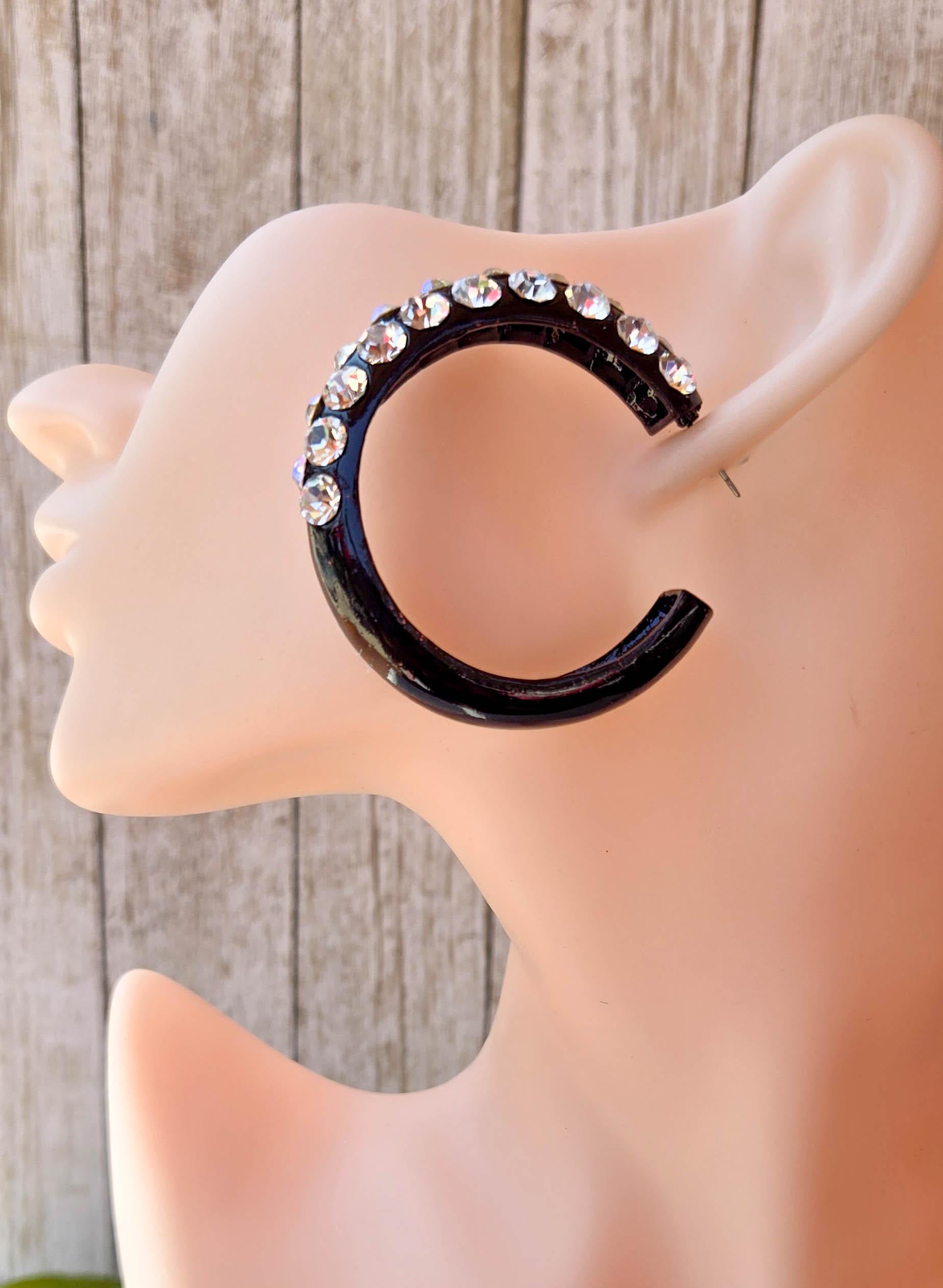 AB & Clear Large Rhinestones Bling Statement 1.75" Black Metal Hoop Earrings Night Out Boujee Evening Special Occasion Women's Jewelry