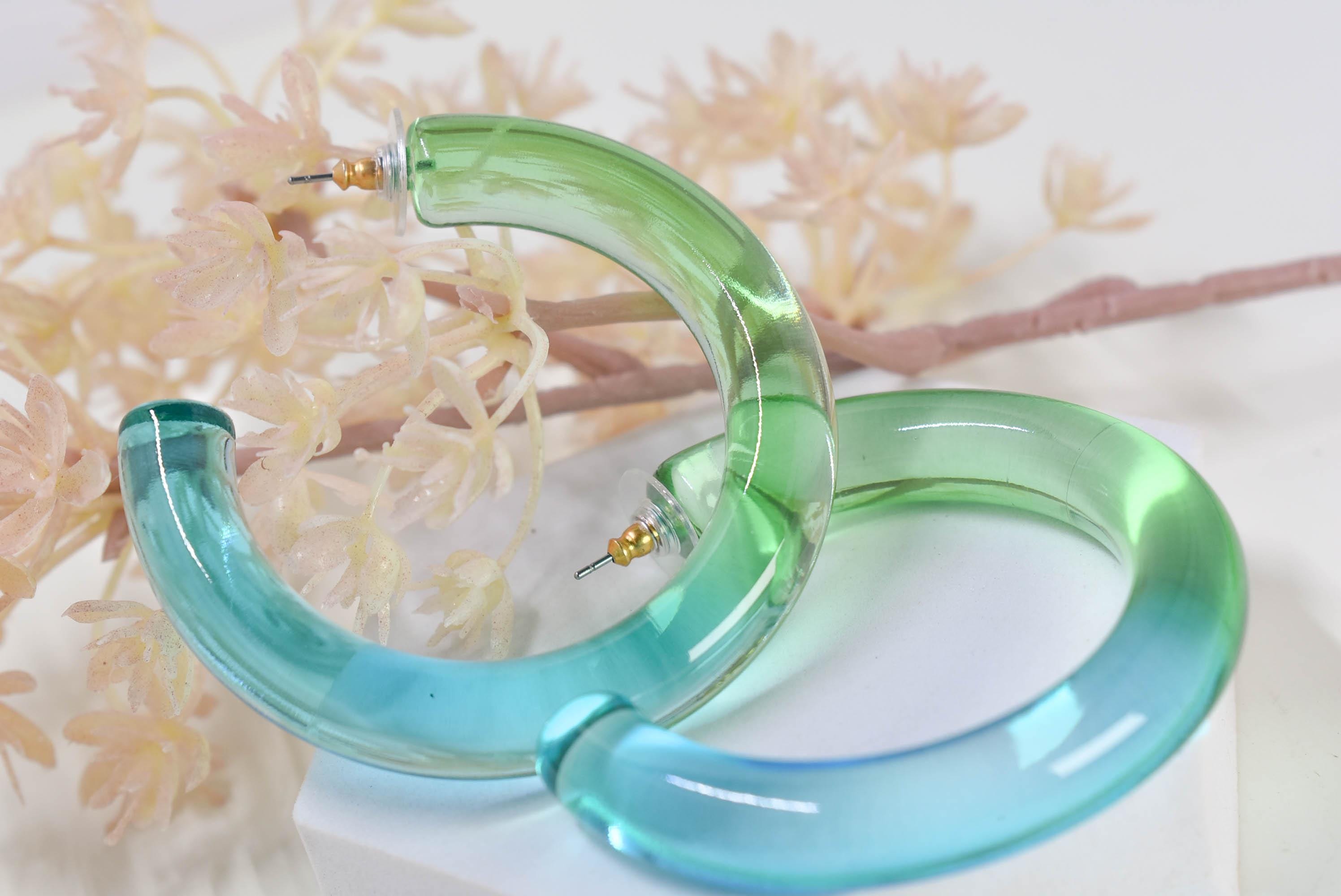 Statement Gradient Light Green to Light Blue Chunky Lucite Translucent Ombre Boho Hoop Earrings