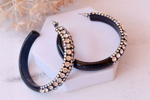Black 5 Row Bling Statement Acrylic Lucite AB/Clear Rhinestones 2.5" Women's Hoop Earrings Pageant Weddings Night Out Diva Pageant